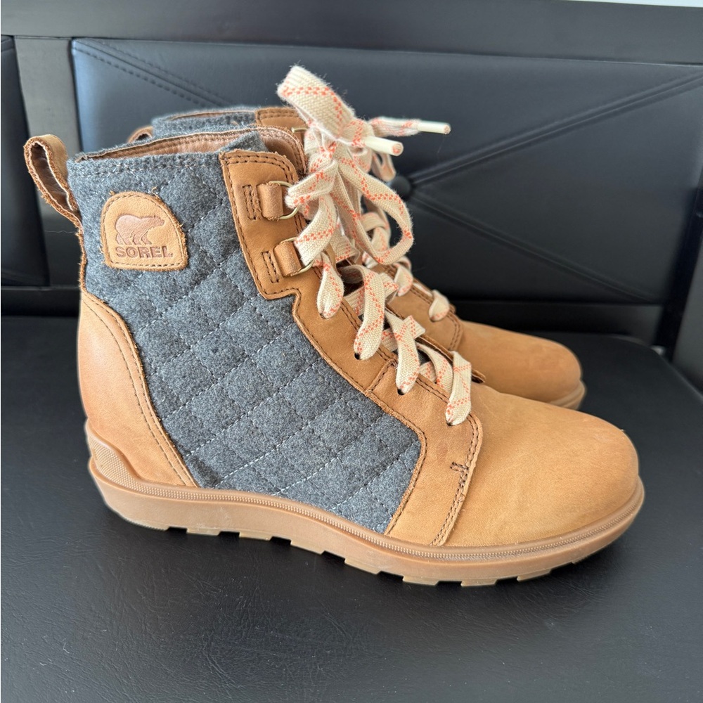 Sorel Women’s Evie II Brown and Gray Quilted Wedge Boots